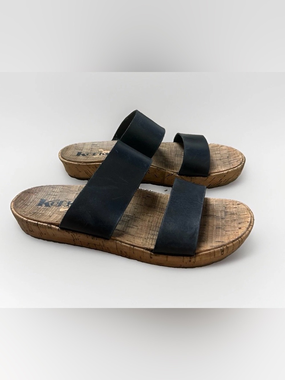 Korks Sandals Tidal 2 Strap Black Leather Slides Women 8.5M Cork Bed Comfort